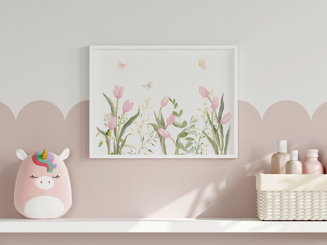 Pink Spring Tulips And Butterflies Horizontal Watercolor Print - Image 2