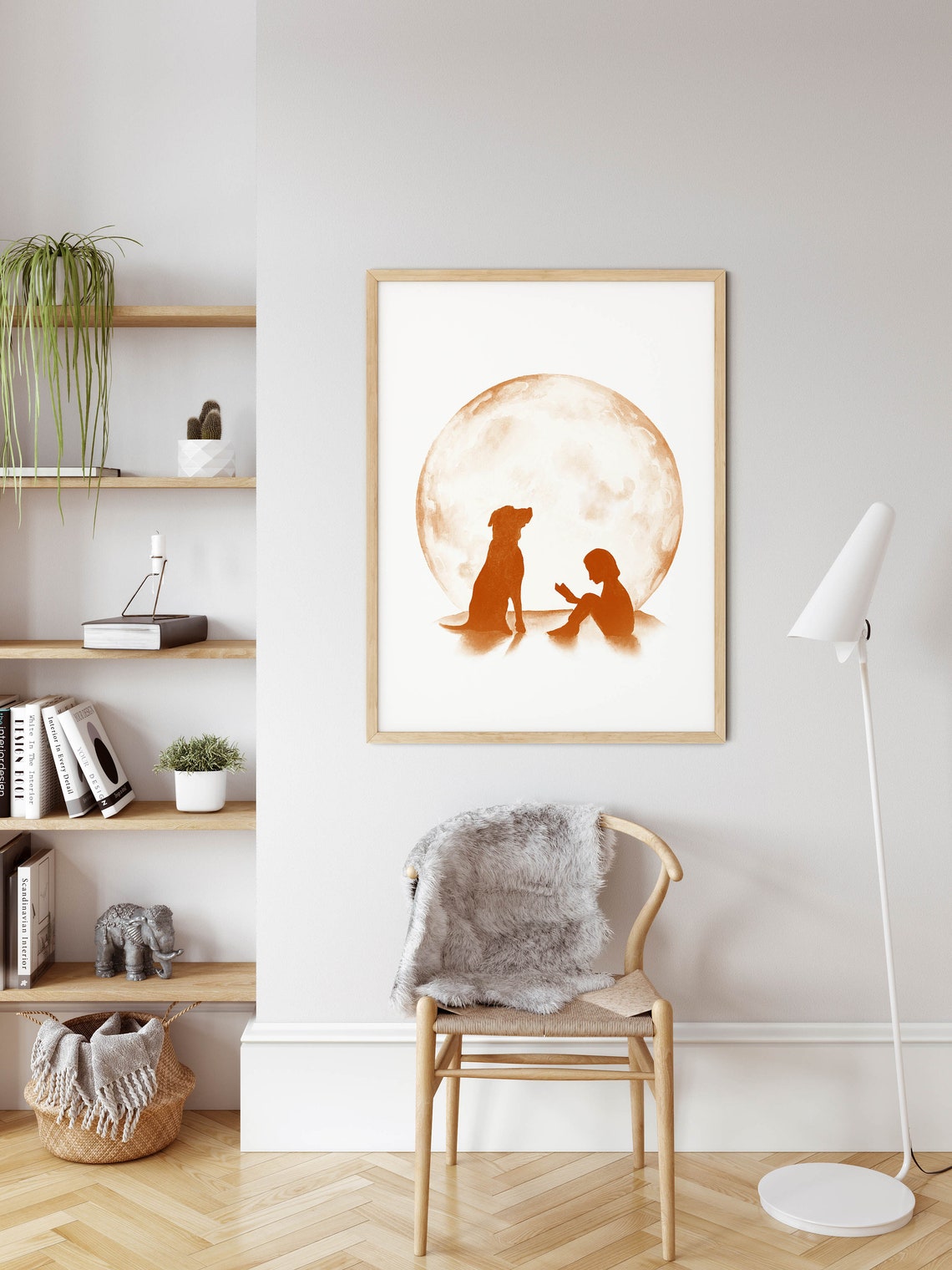 Dog And Child Reading Under Harvest Moon Silhouette Art Poster - Image 2