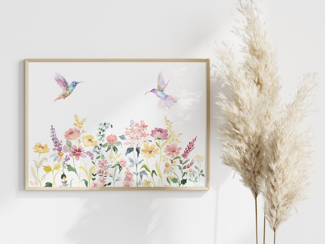 Wildflowers and Hummingbird Watercolor Art Print - Image 3