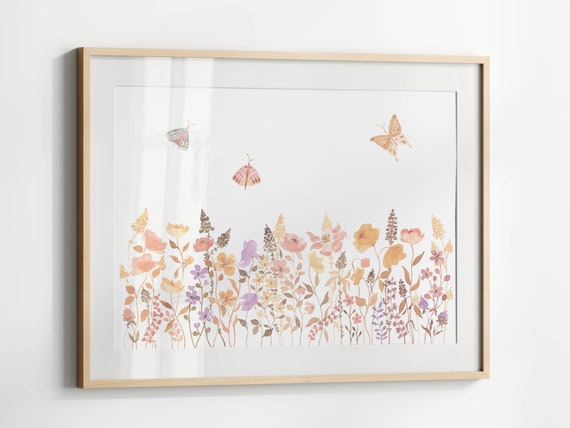 Boho Wildflowers With Butterflies Watercolor Print Horizontal Floral Poster Boho Botanical Wall Art