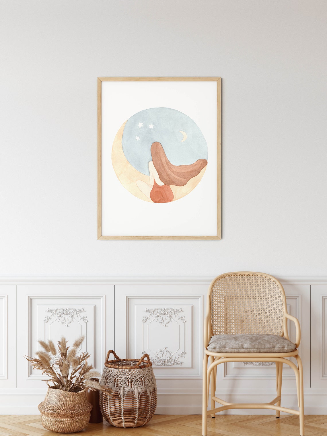 Boho Watercolor Woman and Crescent Moon Celestial Decorative Poster - Image 2