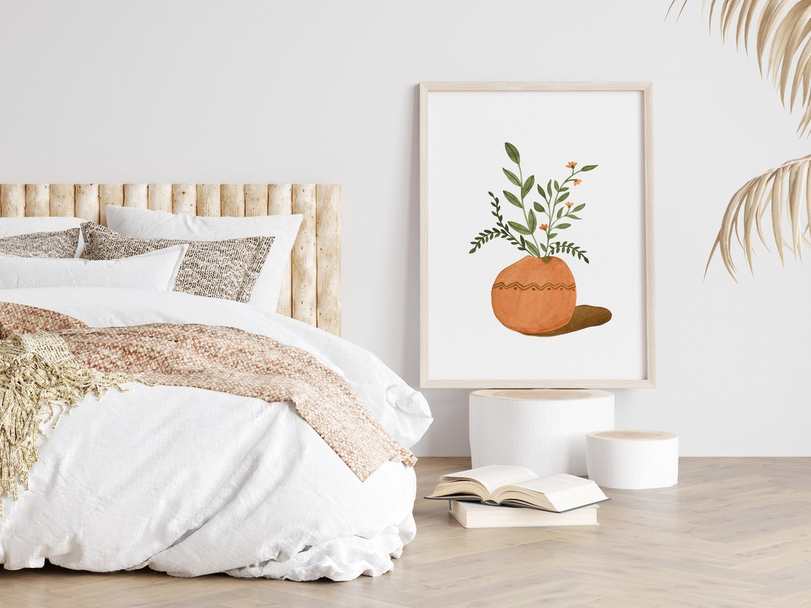 Boho Watercolor Green Plant in Round Terracotta Pot Wall Art - Image 2