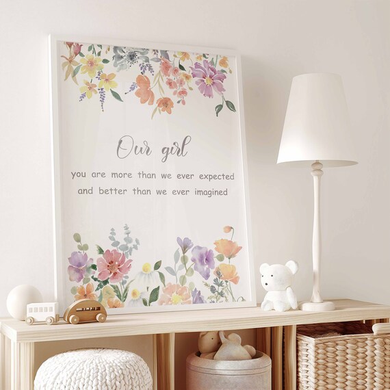 Our Girl Nursery Quote Poster with Soft Watercolor Floral Corner Design