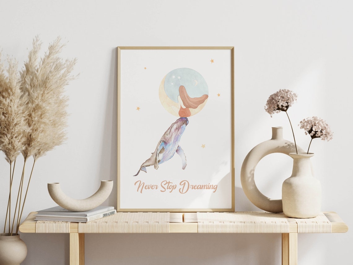 Never Stop Dreaming Whale Moon Watercolor Nursery Art Poster - Image 3