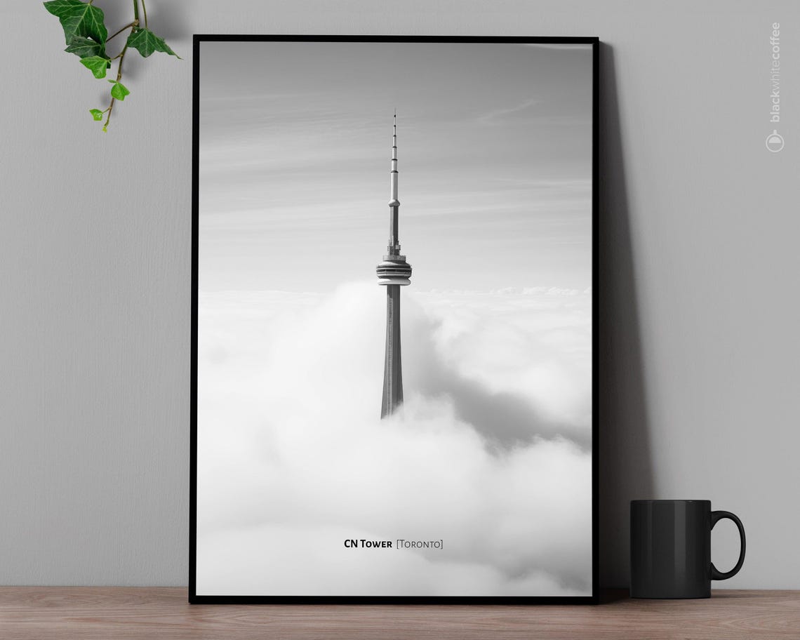 CN Tower Toronto Black and White Skyscraper Clouds Photo Poster
