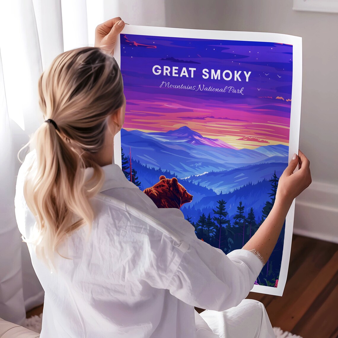 Great Smoky Mountains Bear Gazing Purple Sunset Travel Poster - Image 3