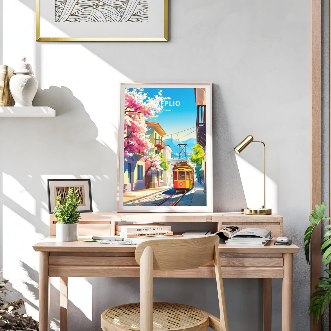 Nafplio Greece Vintage Tram Cherry Blossom Street Travel Poster - Image 4