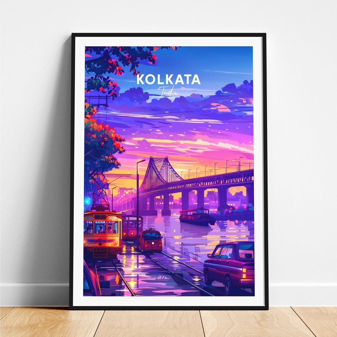 Kolkata India Golden Sunset Bridge Trams River Travel Poster Art