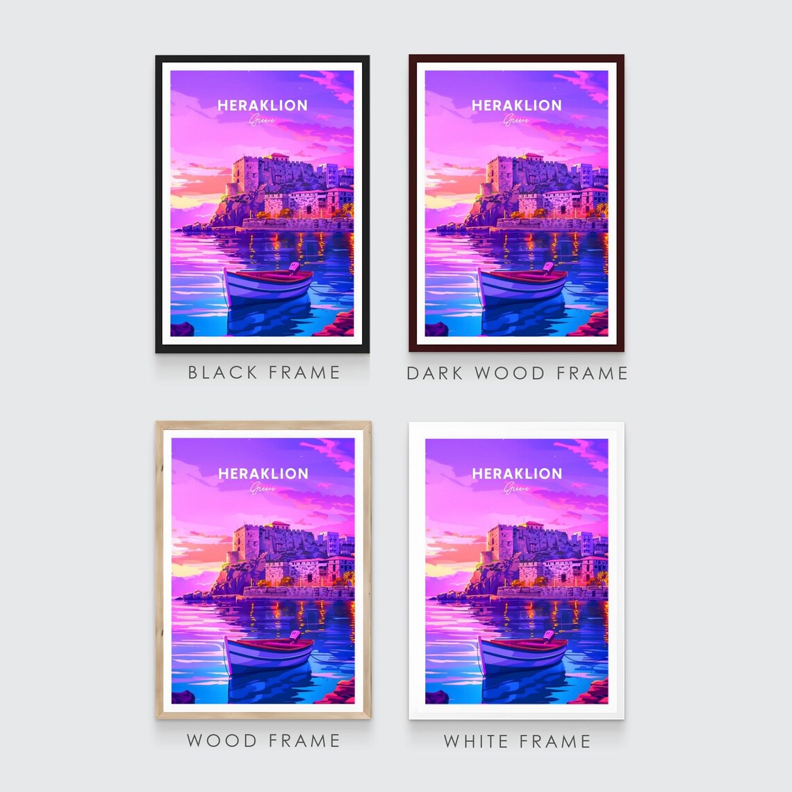 Heraklion Greece Fortress Harbor Sunset Boat Neon Travel Poster - Image 3