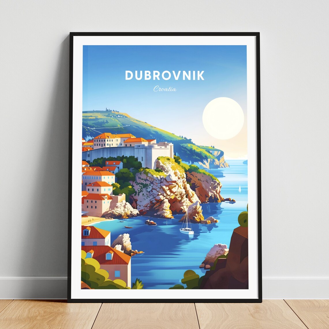 Dubrovnik Croatia Cliffside Old Town Walls Sailboat Coast Poster