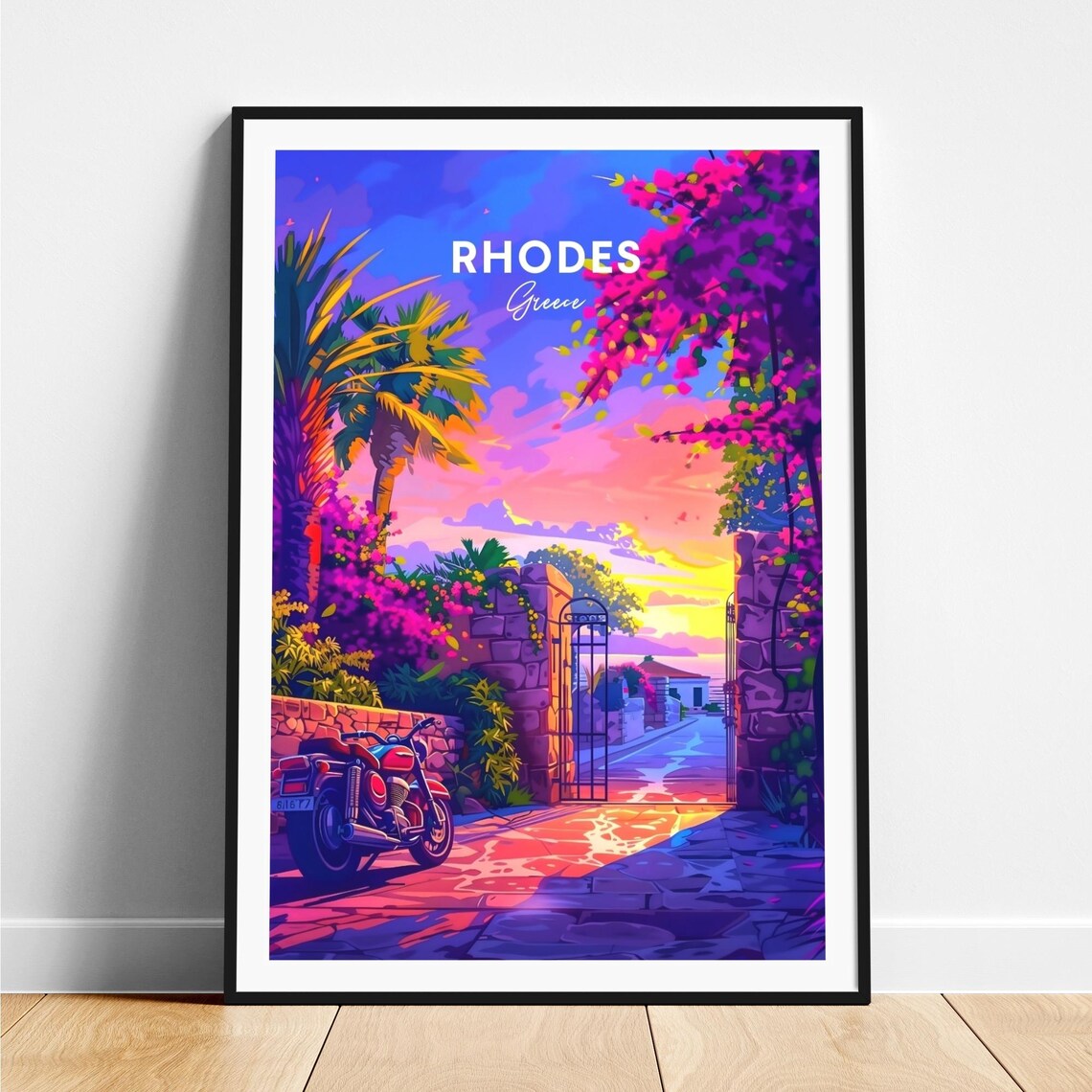 Rhodes Greece Sunset Stone Gate Bougainvillea Pink Travel Poster