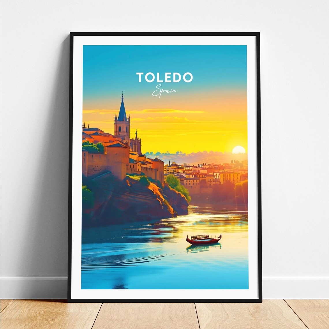 Toledo Sunset Riverside Old Town Church Spire Boat Travel Poster