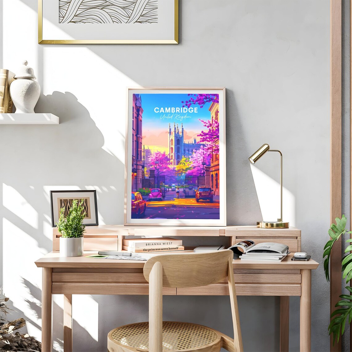 Cambridge Gothic Chapel Spring Blossom Street Scene Travel Poster - Image 4