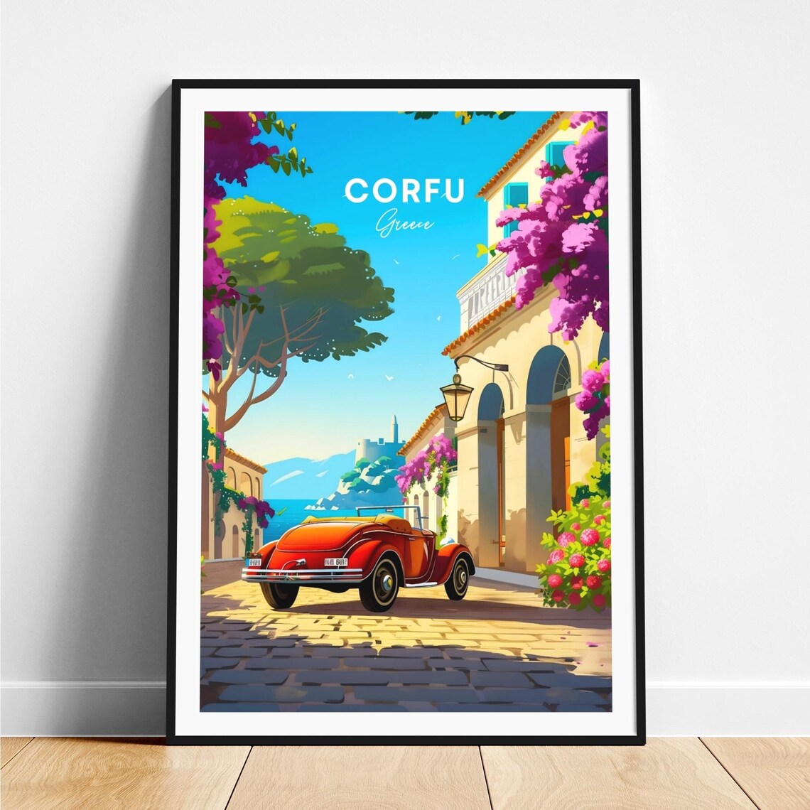Corfu Greece Vintage Convertible Bougainvillea Street Travel Poster