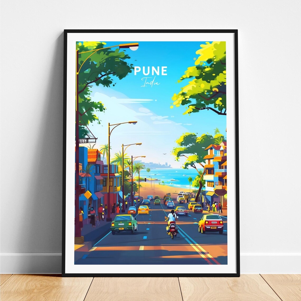 Pune India Busy Beachfront Street with Ocean View Travel Poster