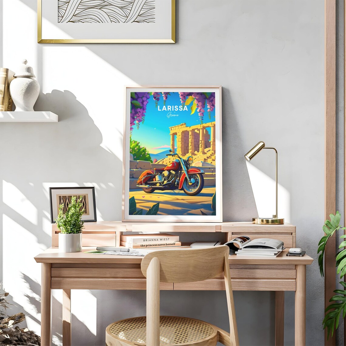 Larissa Greece Ancient Temple Red Motorcycle Ruins Travel Poster - Image 4