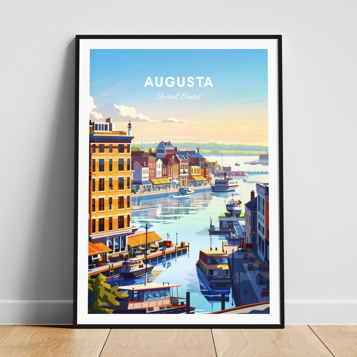 Augusta Harbor Boats Historic Waterfront Morning Scene Travel Poster