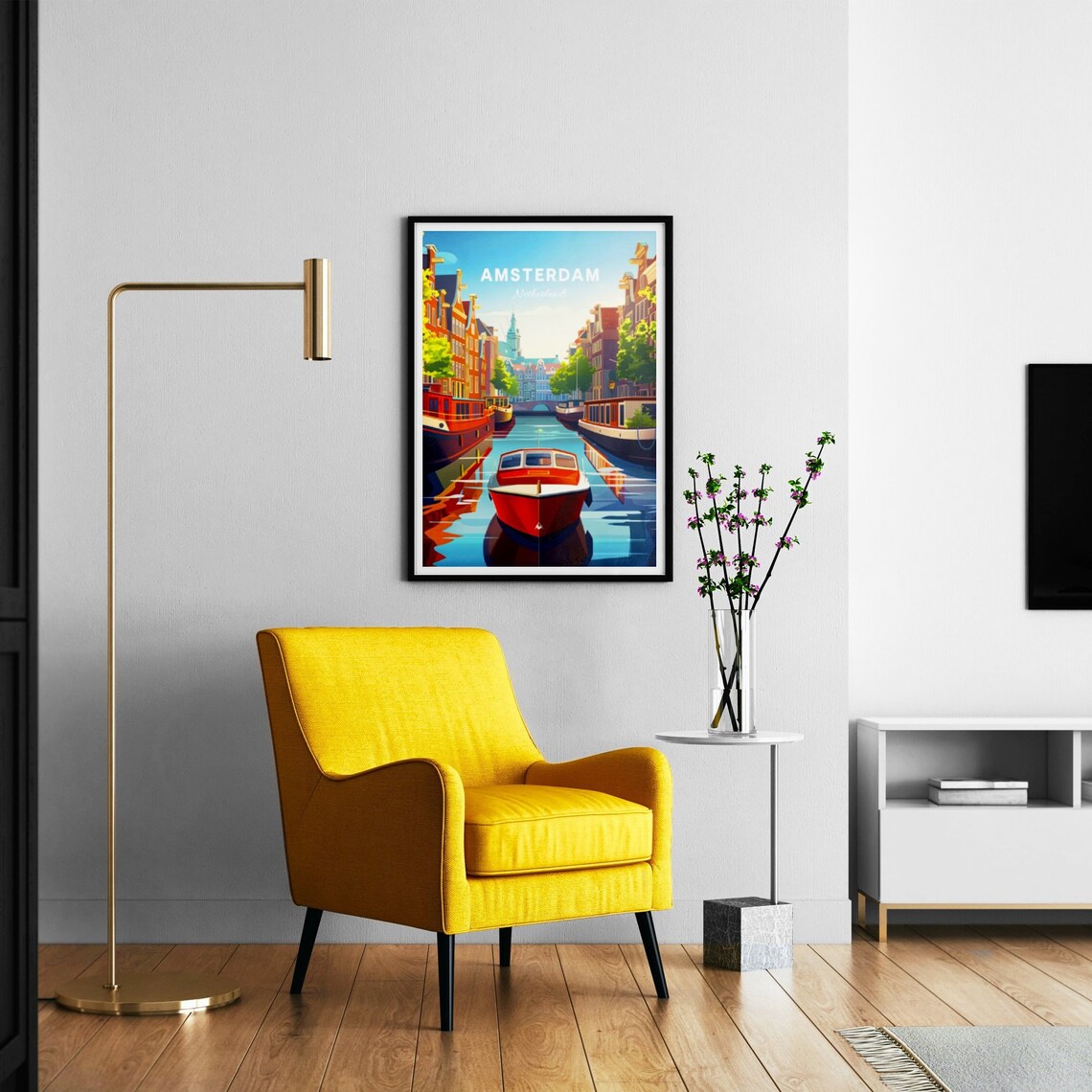 Amsterdam Netherlands Canal Houseboats Sunny Day Travel Poster Art - Image 3