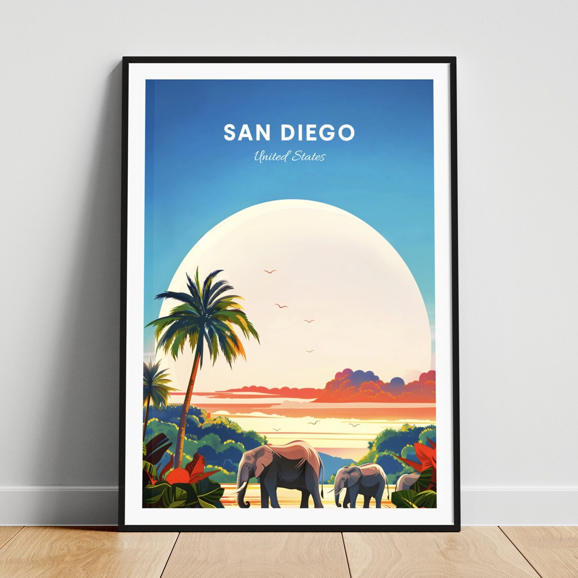 San Diego California Big Sun Elephants Sunset Safari Travel Poster