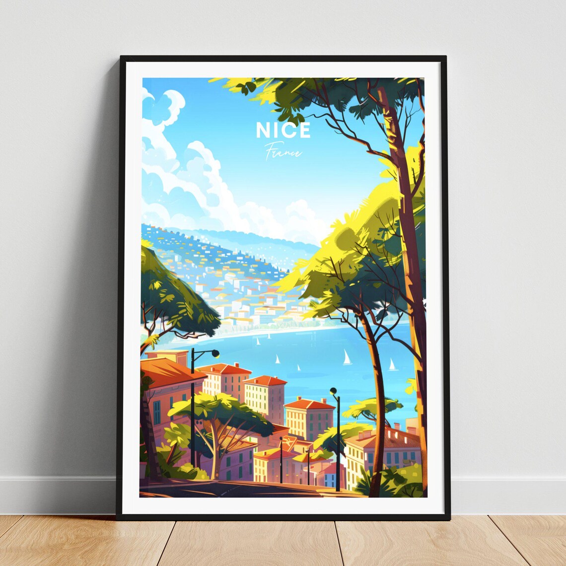 Nice France Daytime Harbor Sailboats Hillside Town Travel Poster