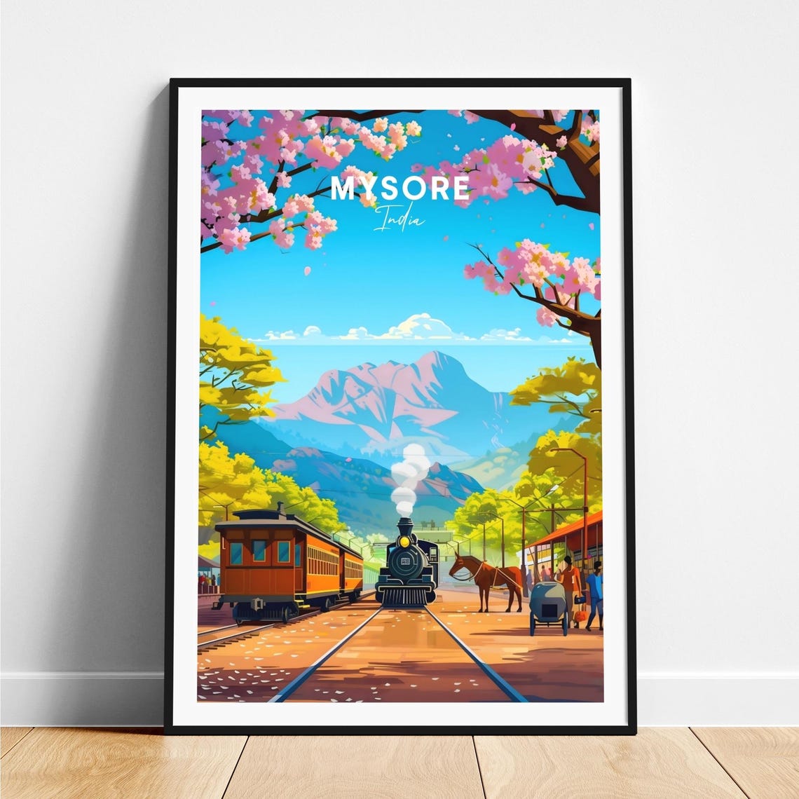 Mysore India Vintage Steam Train Station in Spring Blossom Poster