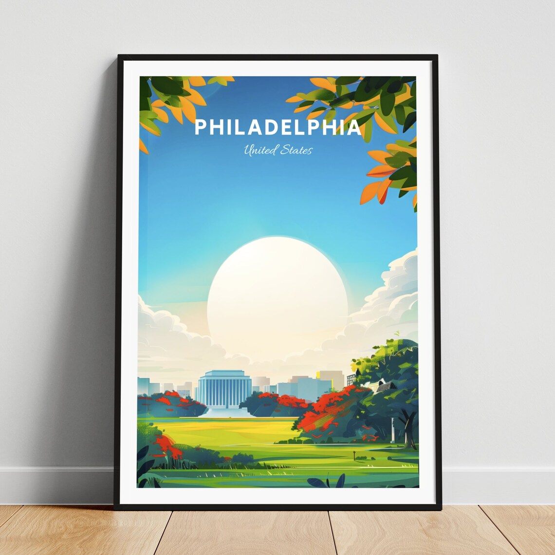 Philadelphia Pennsylvania Park Skyline Sunny Day Travel Poster