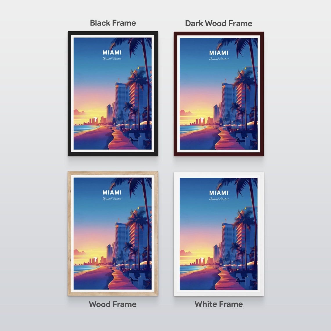 Miami Florida Beach Boardwalk Palm Trees Sunset Skyline Travel Poster - Image 2