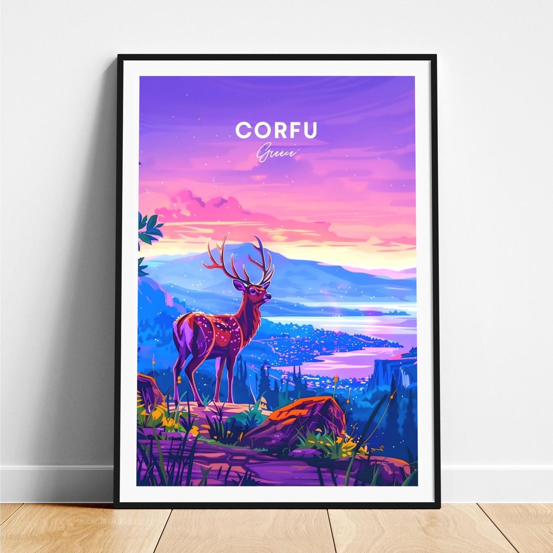 Corfu Greece Stag Overlooking the Coastline at Sunset Poster
