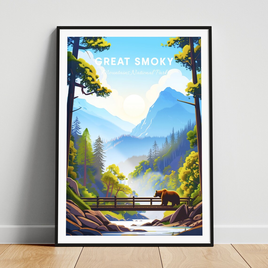 Great Smoky Mountains Bear on Creek Bridge Pine Forest Poster