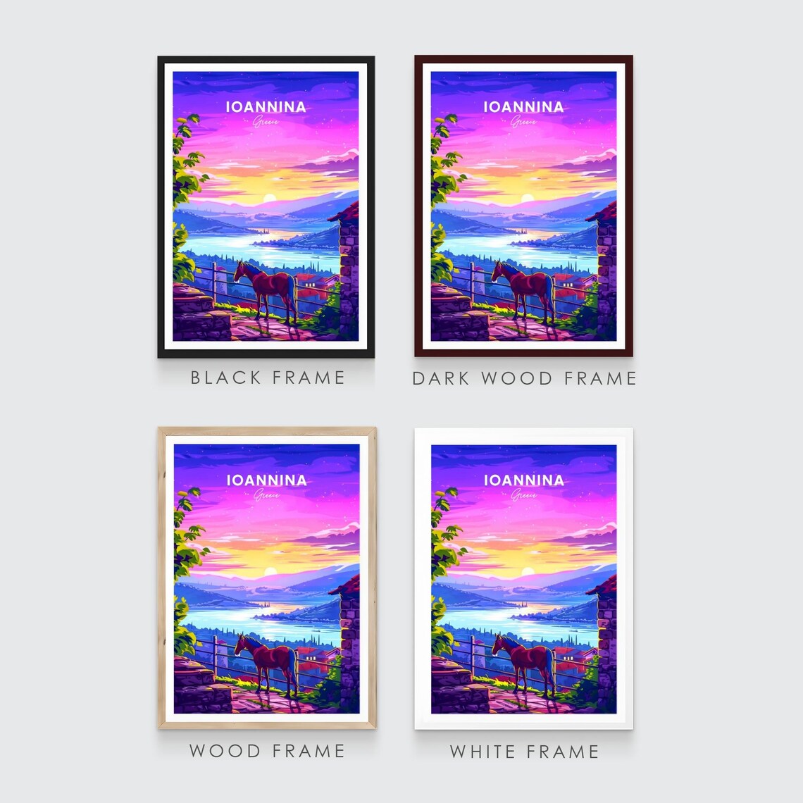 Ioannina Greece Horse Lake Sunset Purple Sky Scenic Travel Poster - Image 3