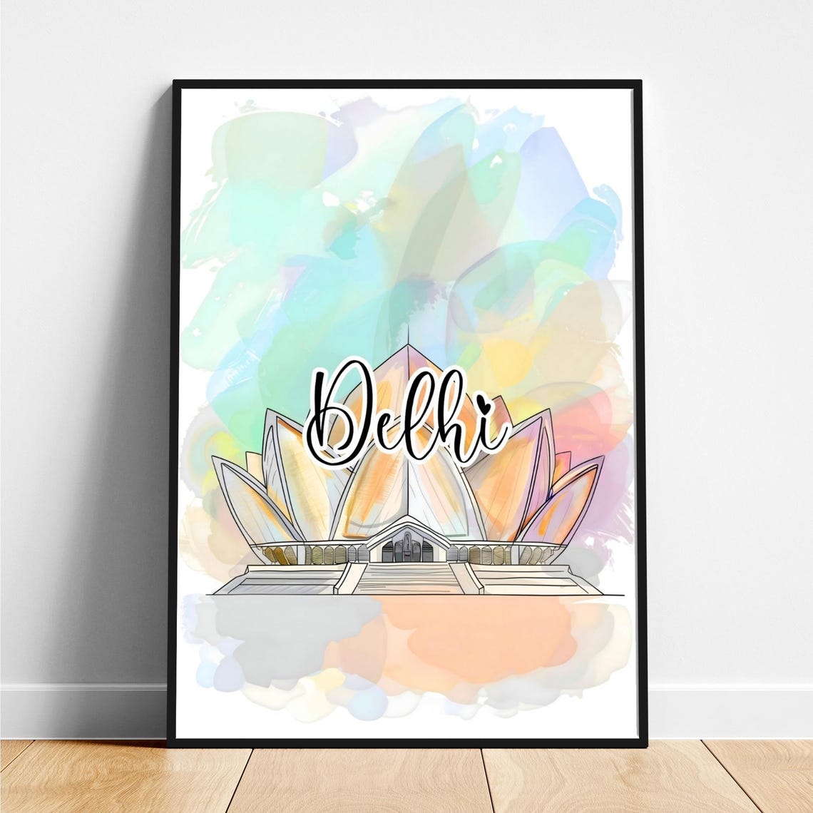 Delhi Lotus Temple Watercolor Script Lettering Travel Poster