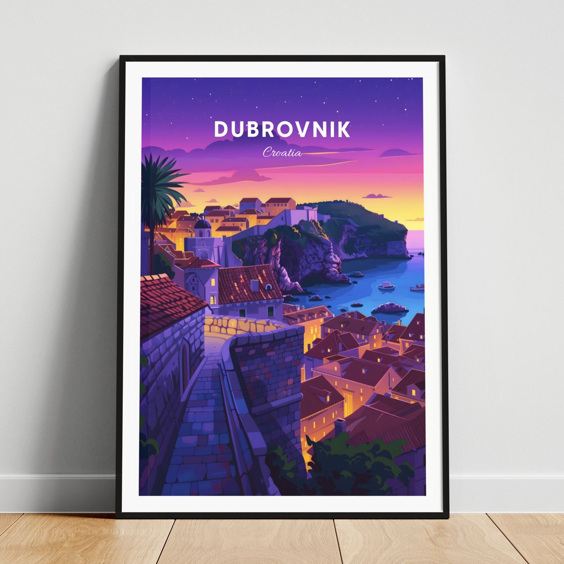 Dubrovnik Sunset Old City Walls Rooftops Sea View Travel Poster