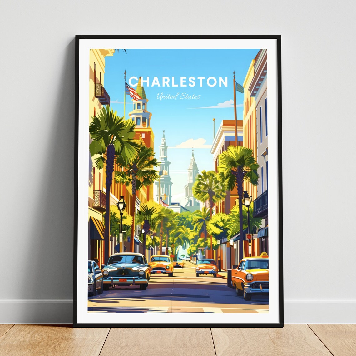 Charleston Palm Lined Downtown Street Classic Cars Travel Poster