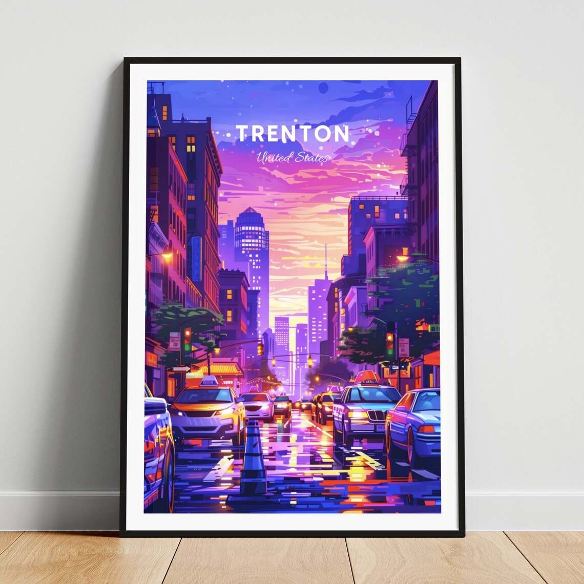 Trenton New Jersey Neon Night Street Taxis Rain City Lights Travel Poster