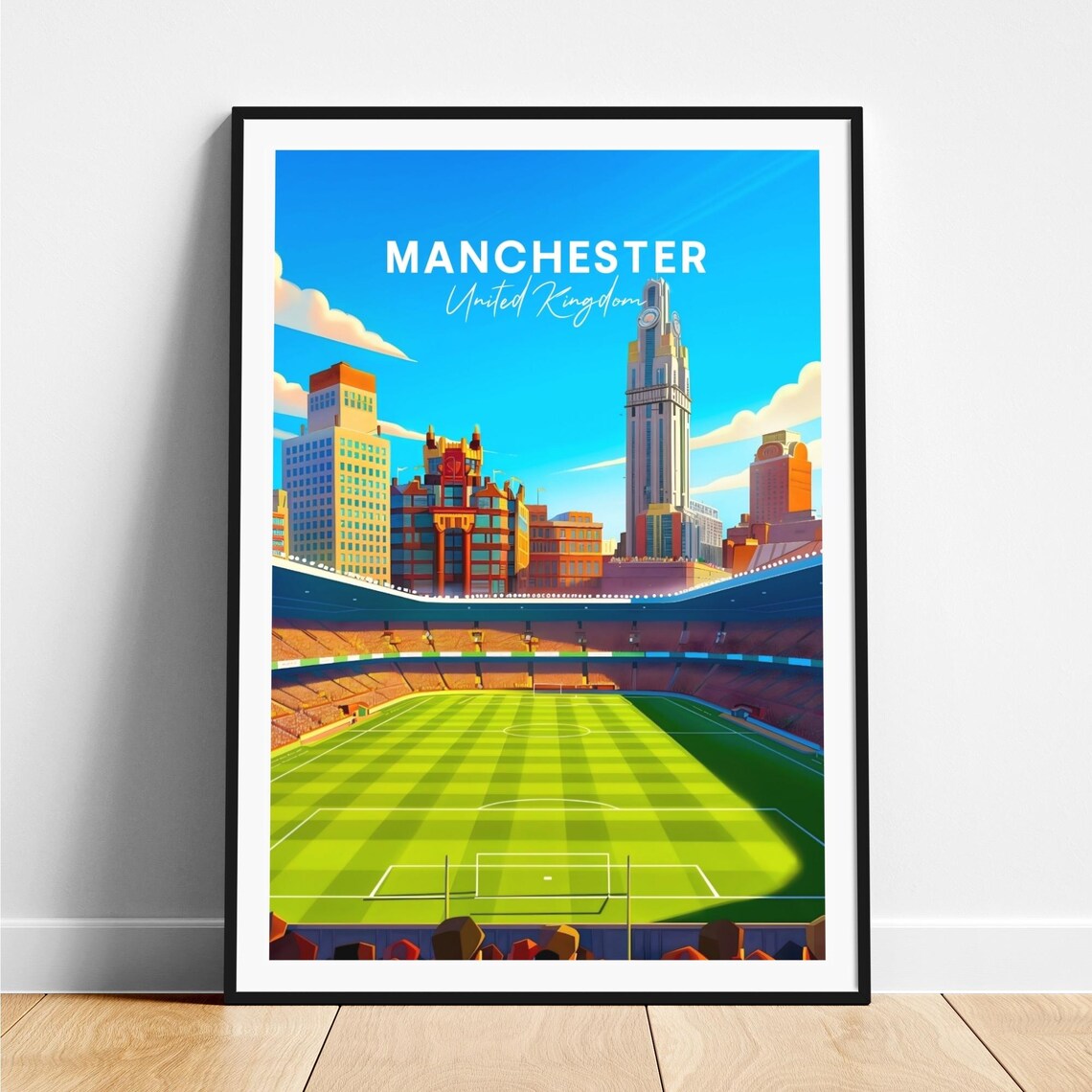 Manchester England City Skyline Football Stadium View Travel Poster