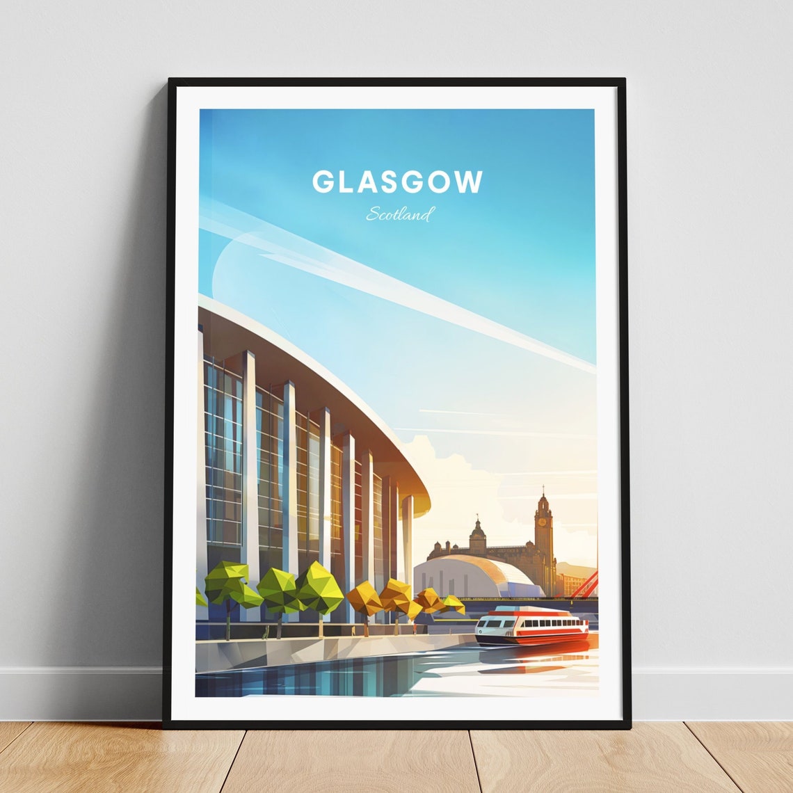 Glasgow Scotland Concert Hall Waterfront Ferry Travel Poster