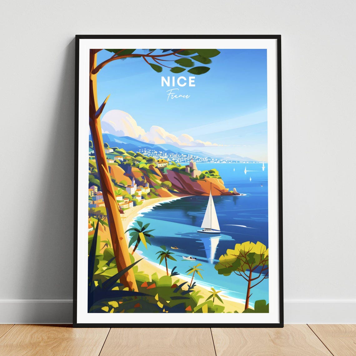 Nice France Mediterranean Coast Sailboat Red Cliffs Beach Poster