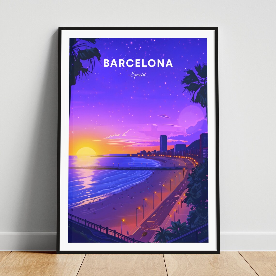 Barcelona Spain Starry Night Beach Purple Sky Glow Travel Poster