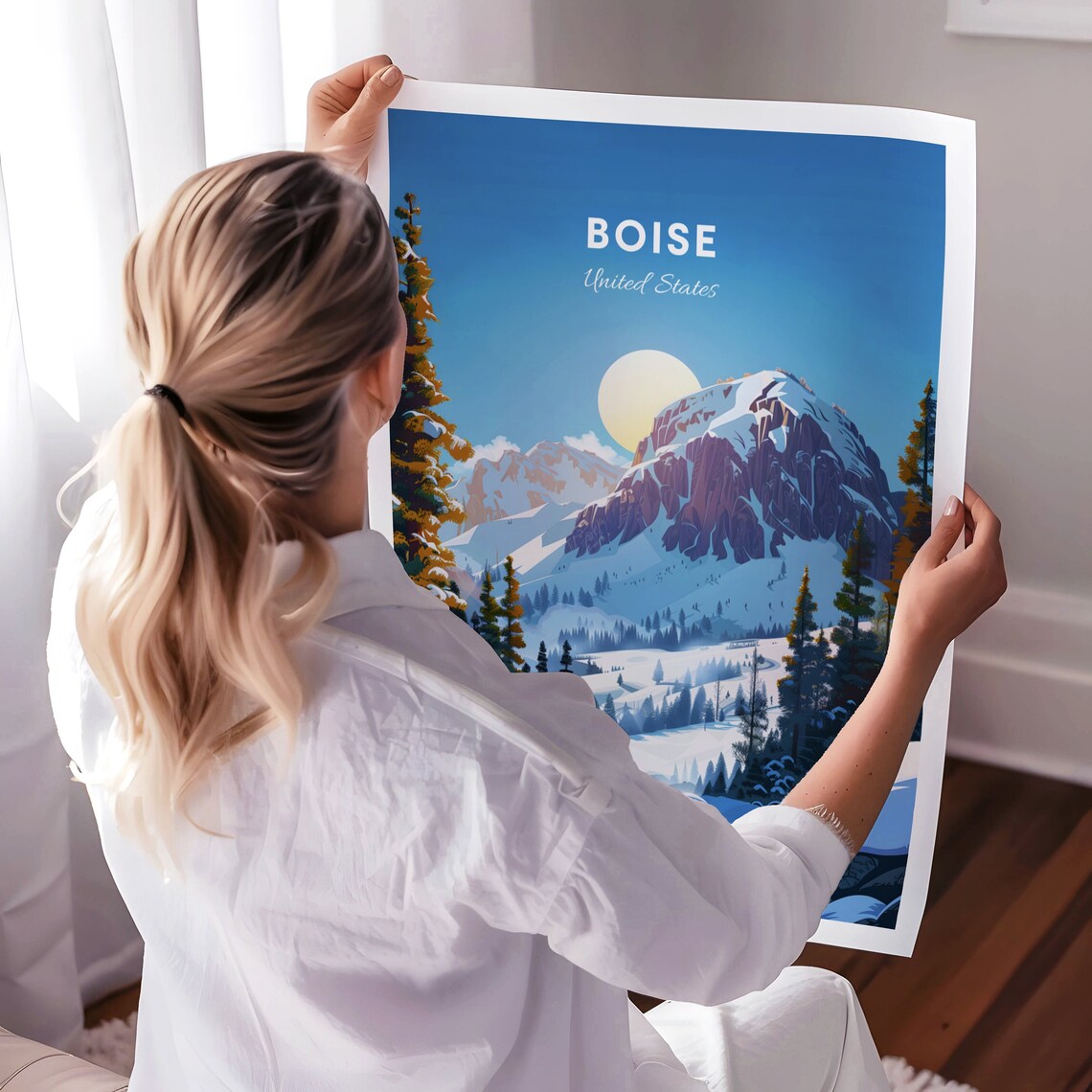 Boise Idaho Snowy Mountain Peak Winter Sunset View Travel Poster - Image 3