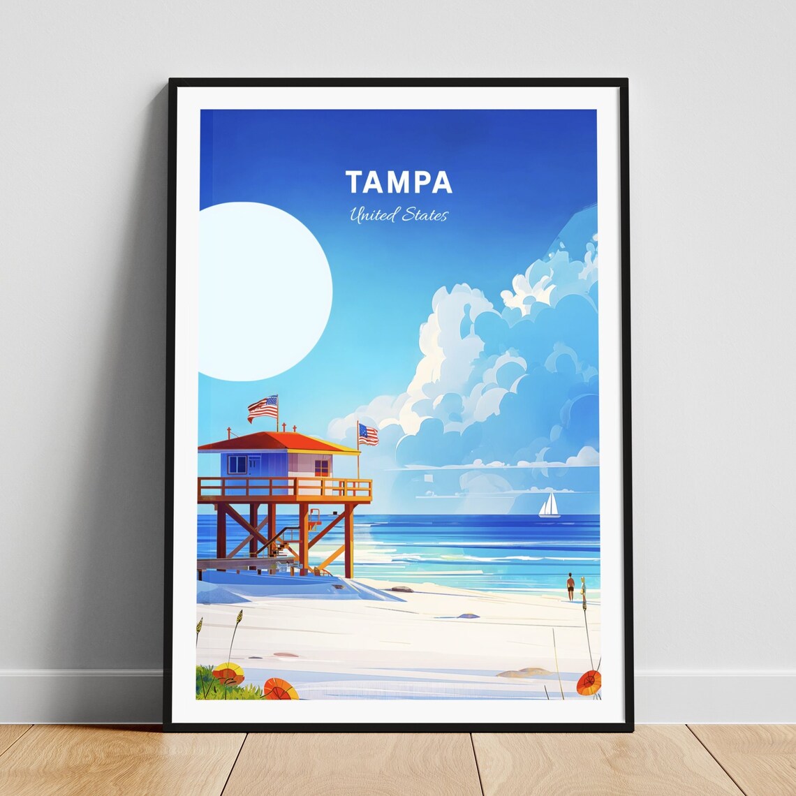 Tampa Florida Beach Lifeguard Tower Sailboat Ocean Retro Poster