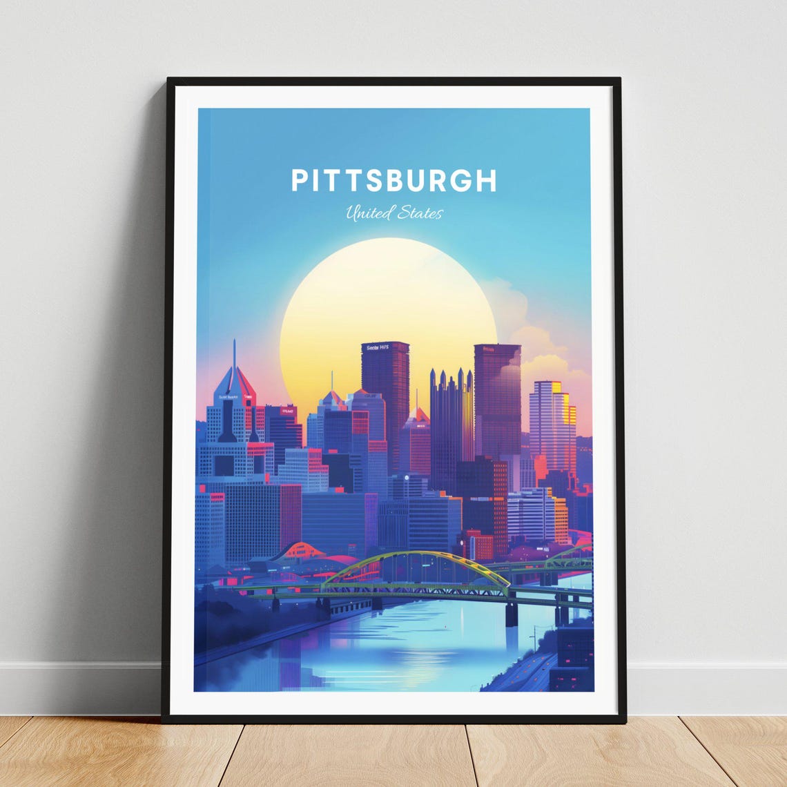 Pittsburgh United States Sunset Skyline with River Bridge Poster