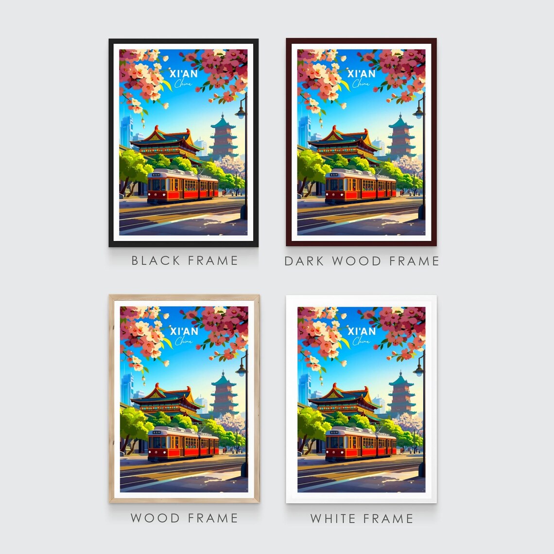 Xian China Vintage Tram Pagoda Cherry Blossom Street Day Poster - Image 3