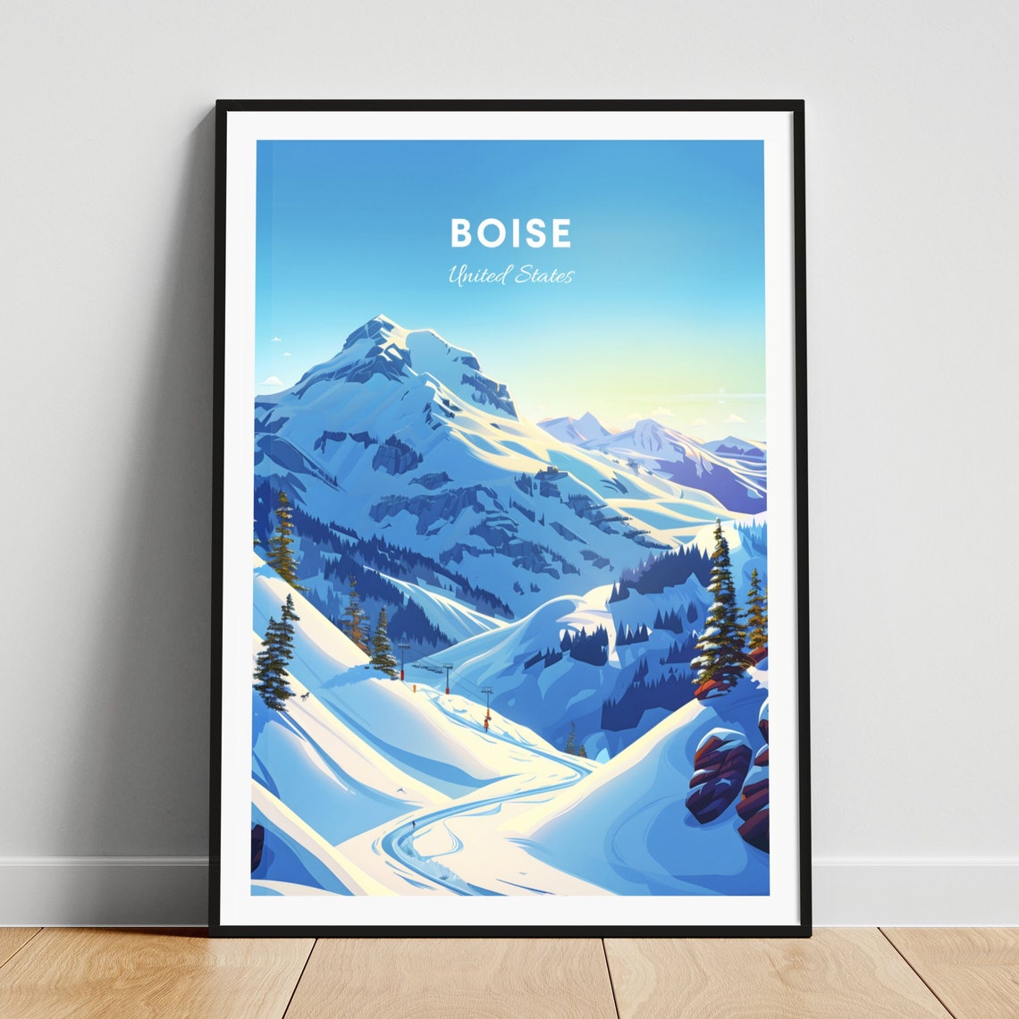 Boise Snow Peaks Poster: Ski Slopes Beneath Towering Blue Mountains