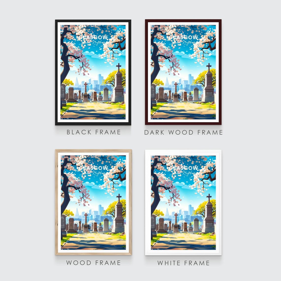 Glasgow Historic Cemetery Cherry Blossom City Skyline Travel Poster - Image 3