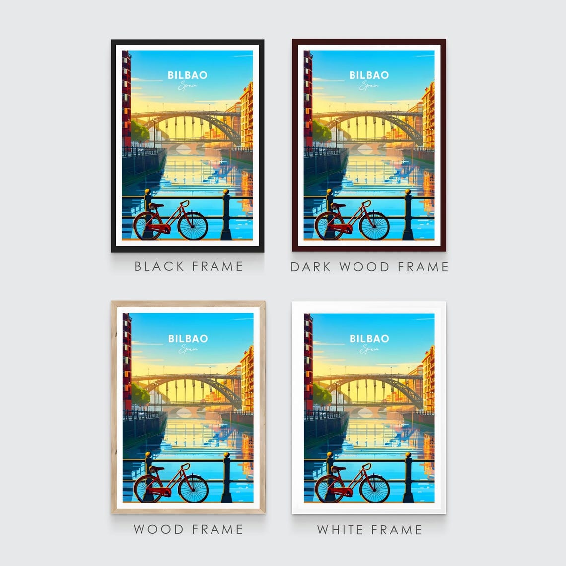 Bilbao Spain Golden River Arched Bridge Red Bicycle Morning Poster - Image 3
