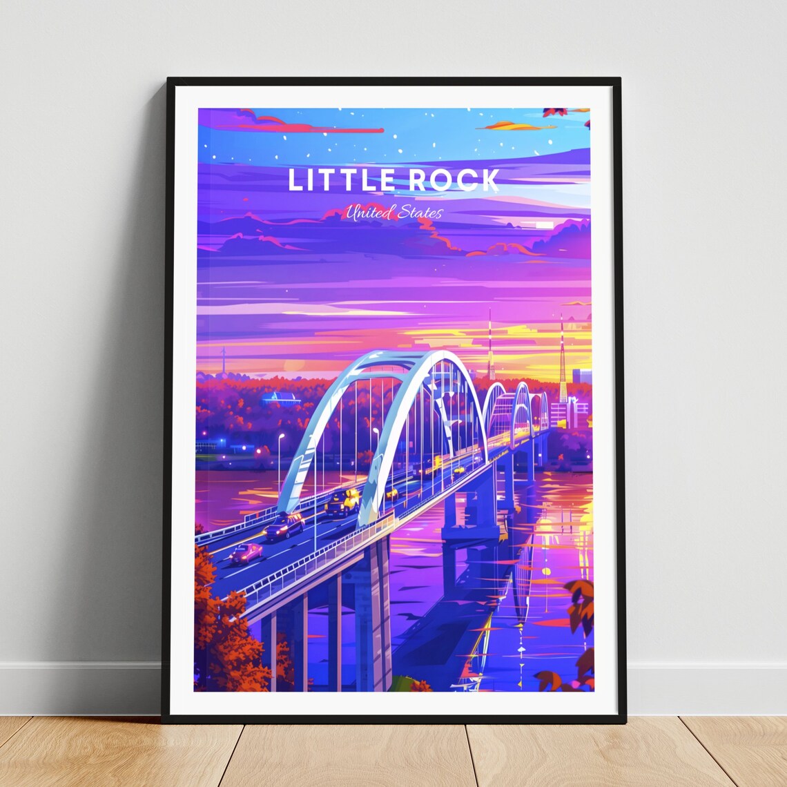 Little Rock Arkansas Neon Sunset Arch Bridge River Travel Poster