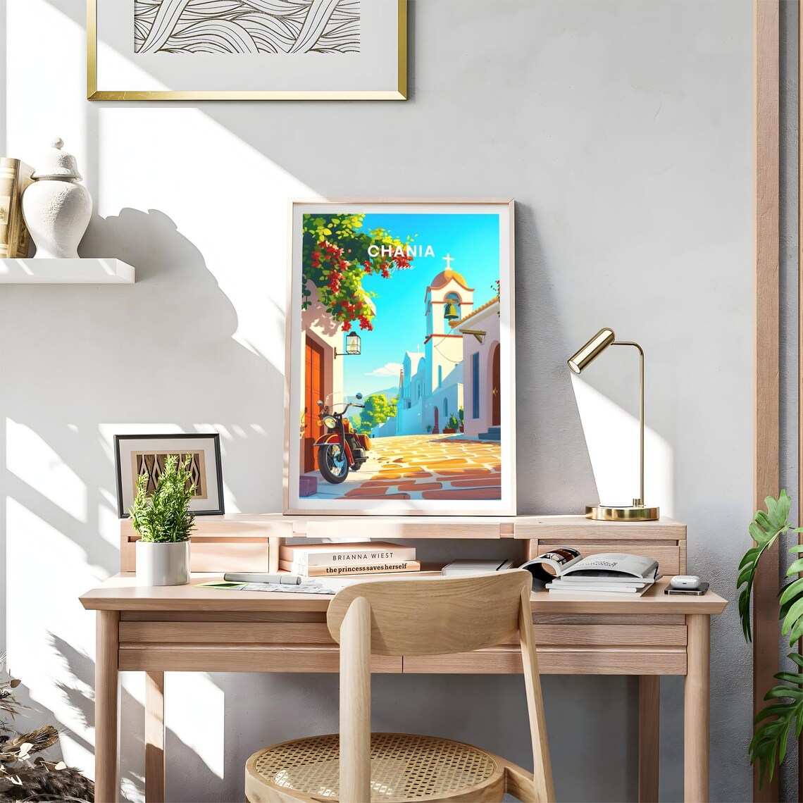 Chania Greece Old Town Street Motorcycle Church Bell Travel Poster - Image 4