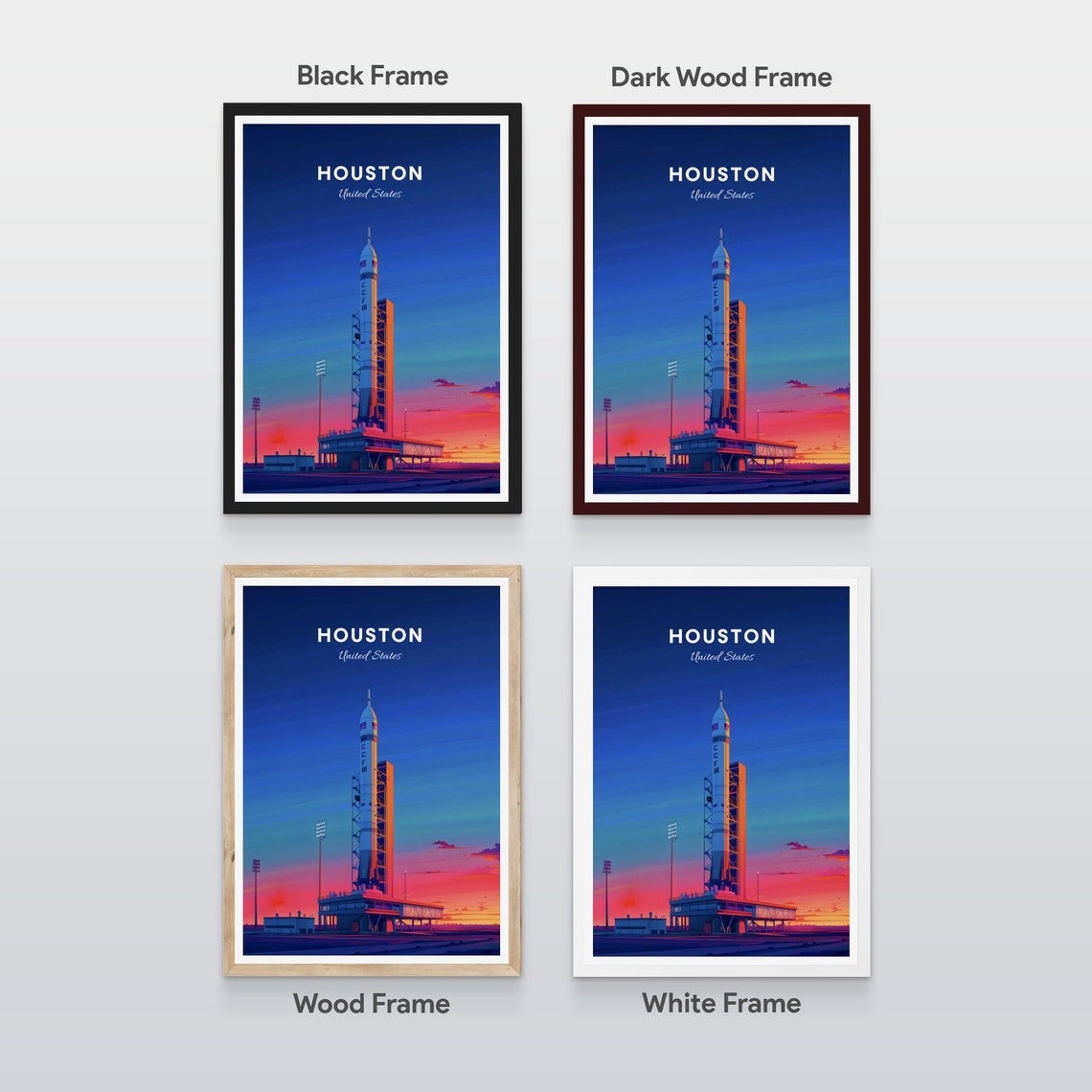 Houston Rocket Launchpad at Dusk Over the Space Center Poster - Image 2