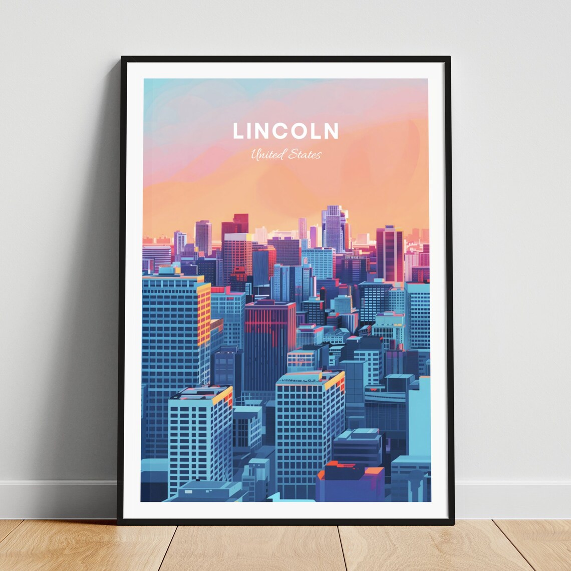 Lincoln Nebraska Skyline Poster: Pink Sunset Over the Downtown Towers