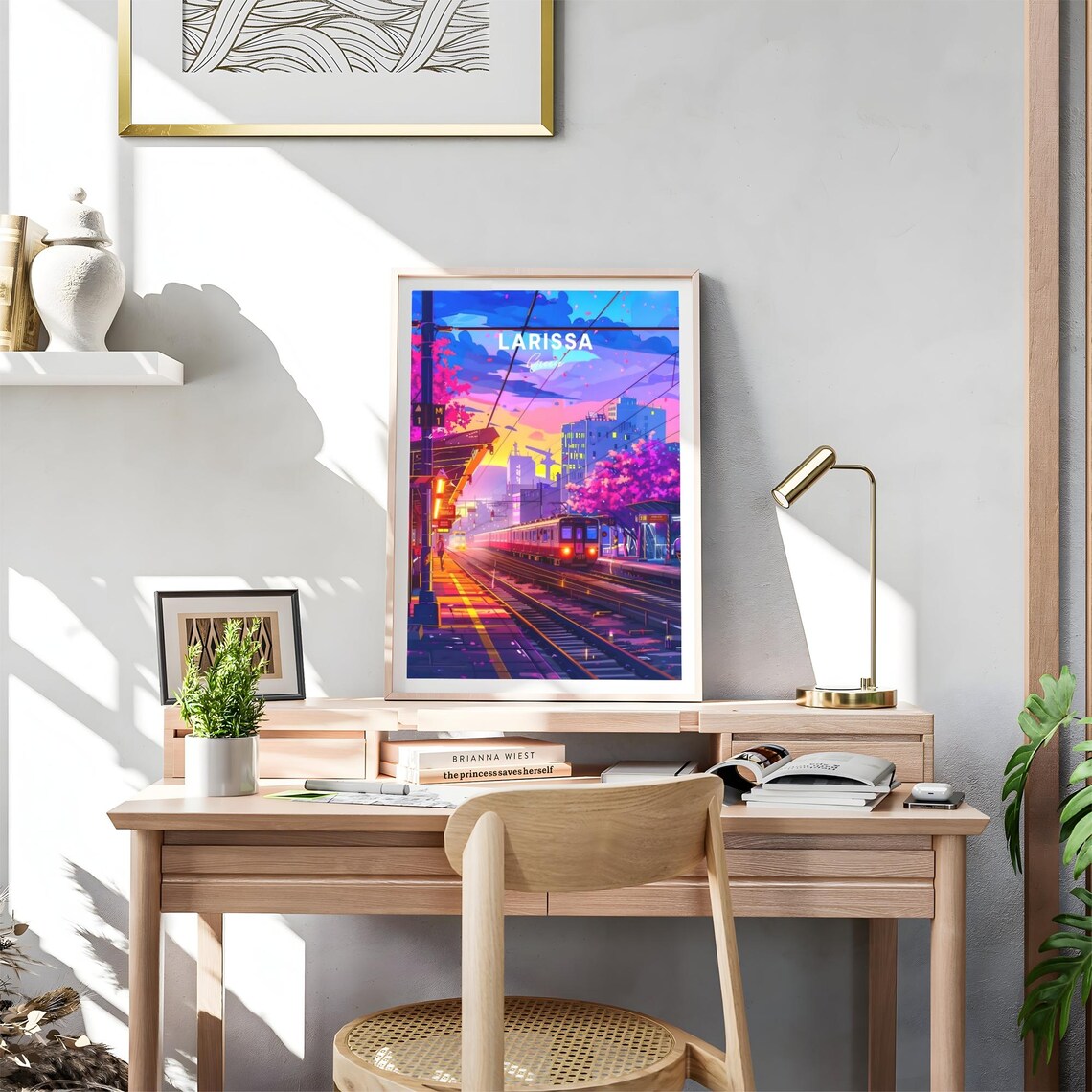 Larissa Greece Sunset Train Station Neon Evening Travel Poster - Image 4